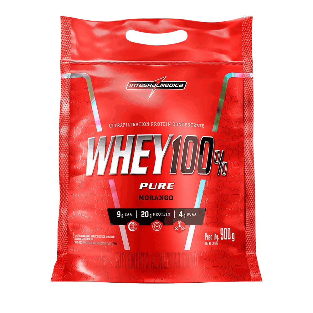 WHEY PROTEIN CONCENTRADO 100% PURE 900 GR REFIL MORANGO INTEGRALMDICA