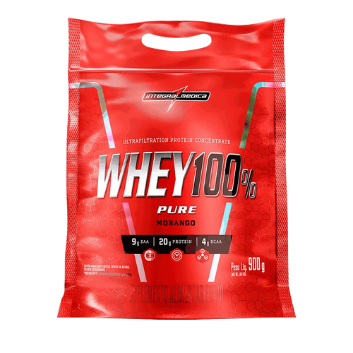 WHEY PROTEIN CONCENTRADO 100% PURE 900 GR REFIL MORANGO INTEGRALMDICA