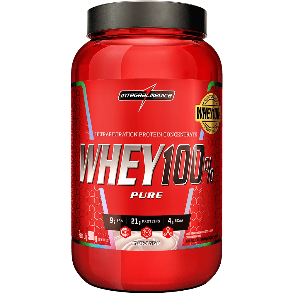 WHEY PROTEIN CONCENTRADO 100% PURE POTE 900 GR MORANGO INTEGRALMEDICA