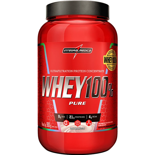 WHEY PROTEIN CONCENTRADO 100% PURE POTE 900 GR MORANGO INTEGRALMEDICA